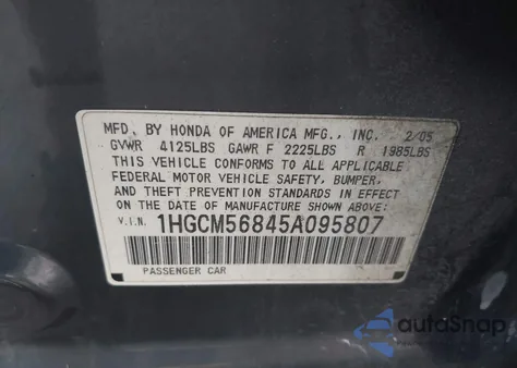 2005 Honda Accord 2.4 Ex из США, поврежденный, VIN 1HGCM56845A095807